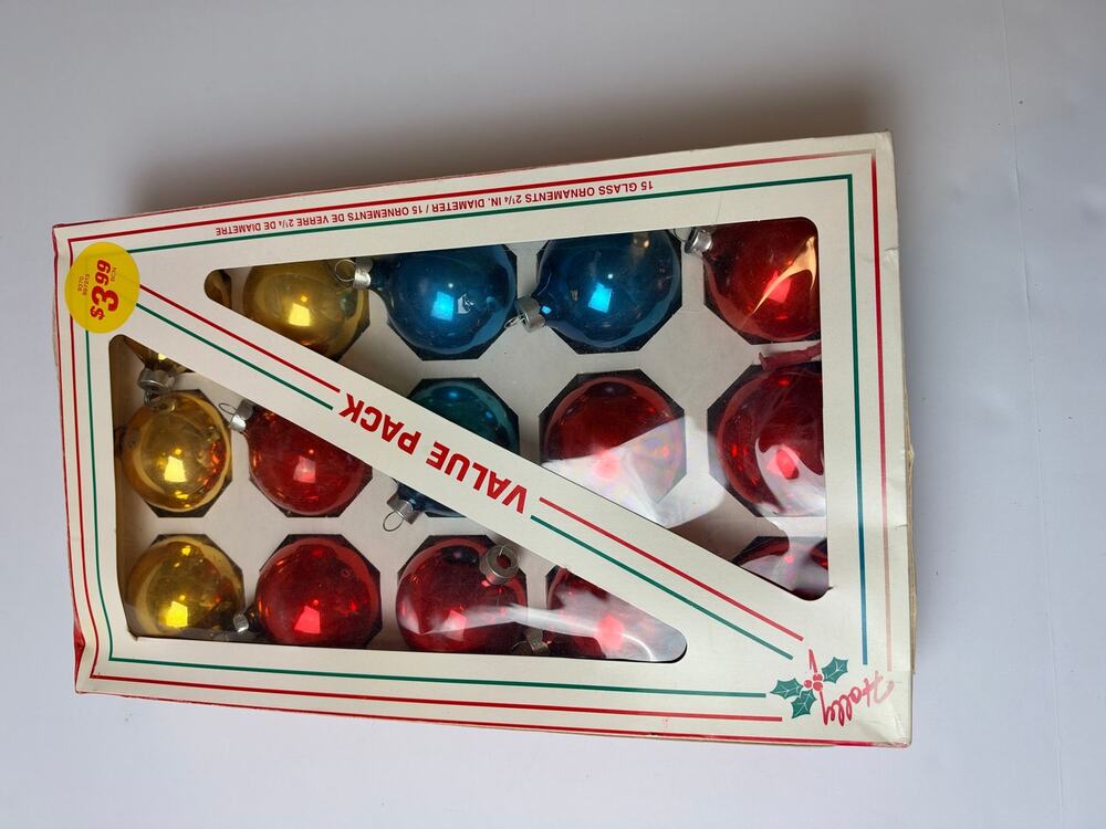 Vintage Holly Glass Christmas Ball Ornaments – Red Blue Gold Original Box